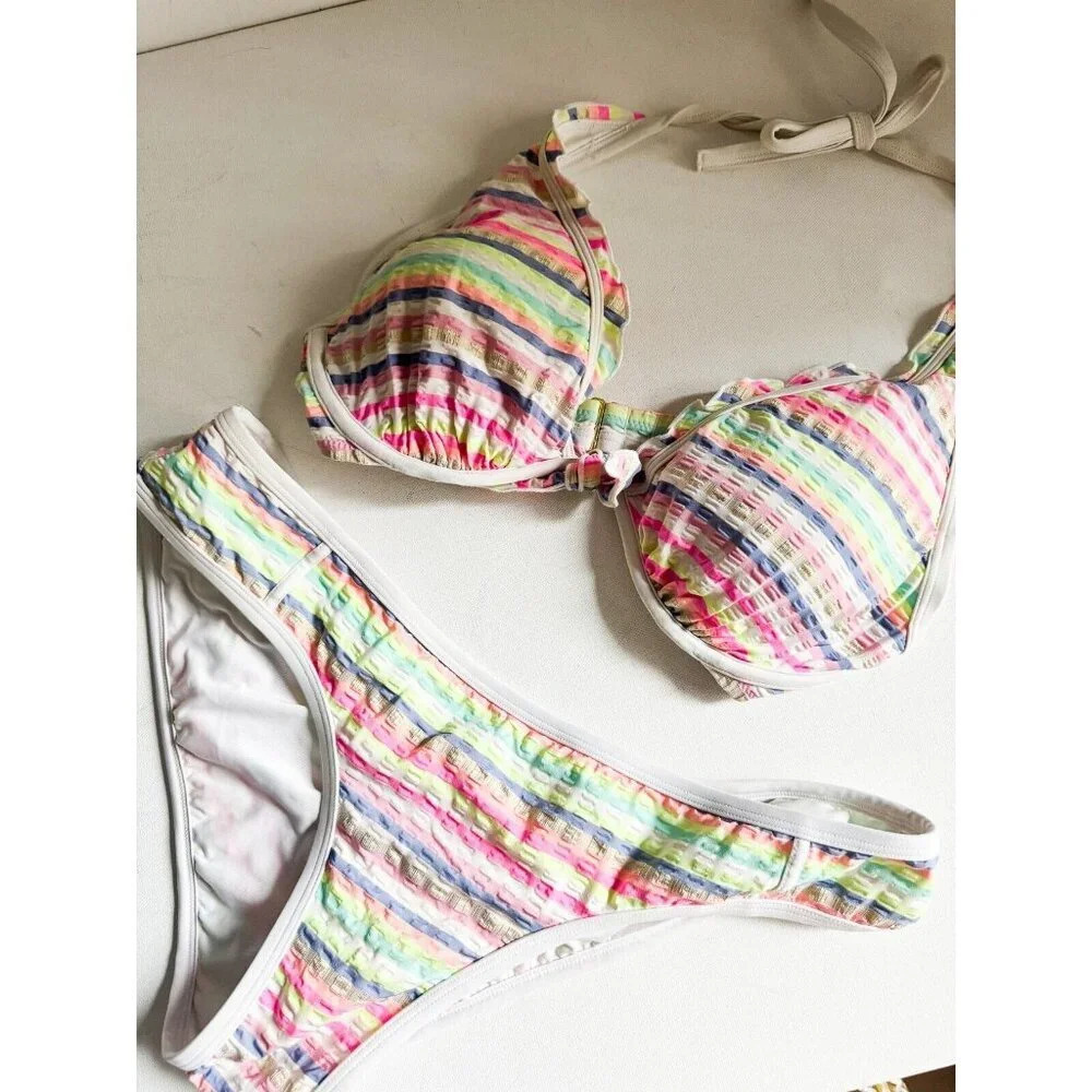Victorias Secret Striped Seersucker 2 Piece Bikini Set L/34D
